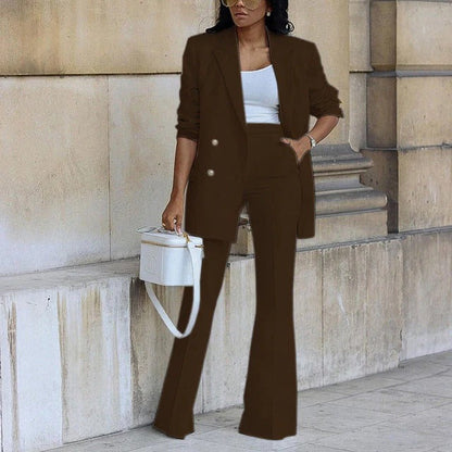 Women’s Blazer and Trouser Set – Slim Fit Double-Breasted – High Waist Flared Leg