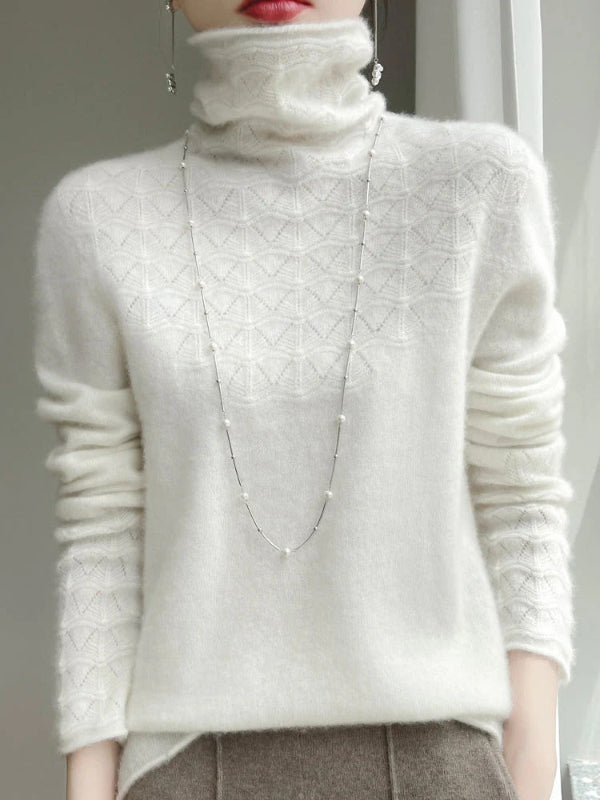 Women’s Turtleneck Sweater – Slim Fit – Wool Blend – Hollow Knit – Full Length Sleeves