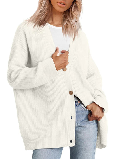 Women’s Cardigan – Oversized Fit – Ribbed Knit – Striped Button Front V-Neck