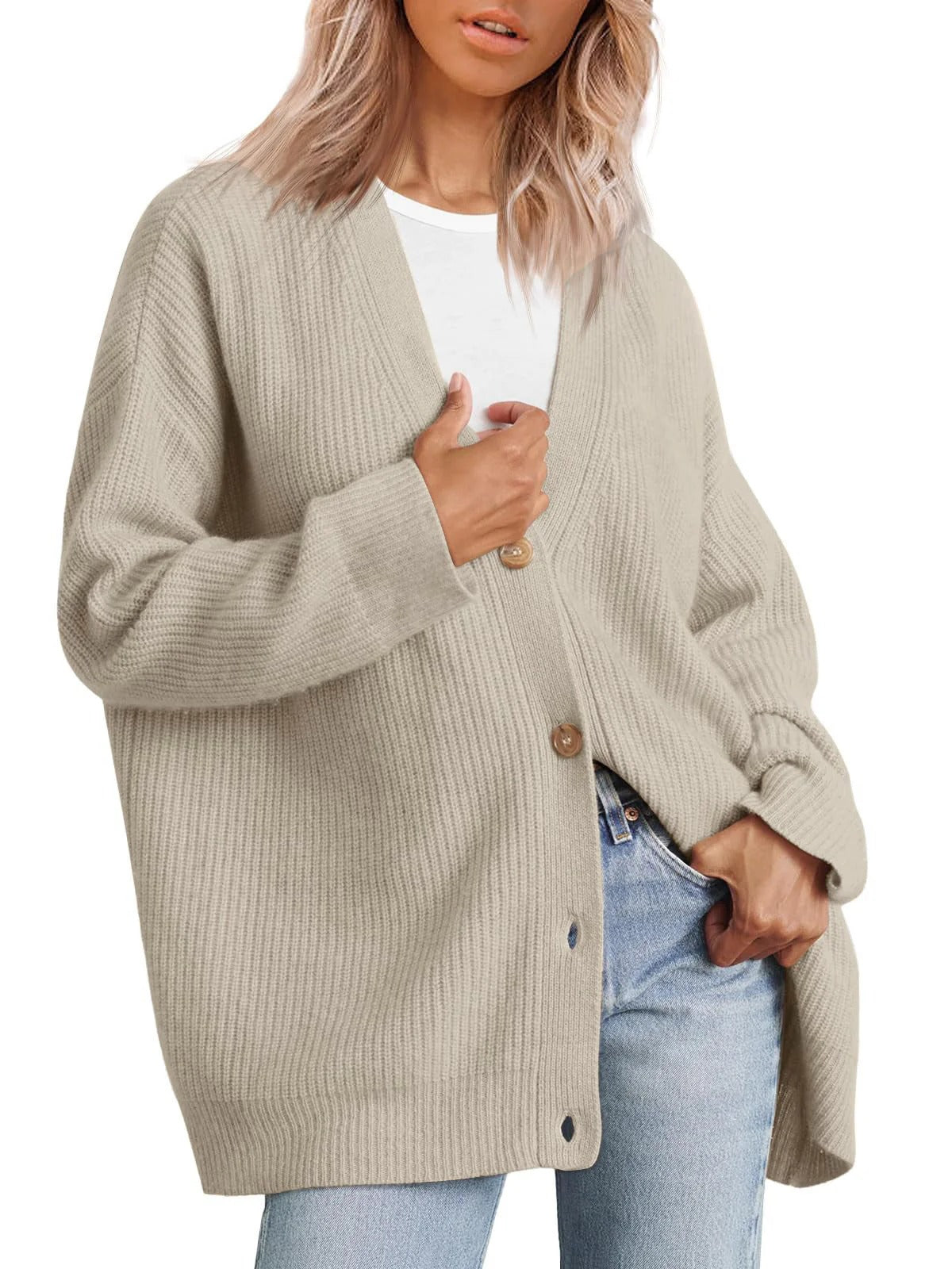 Women’s Cardigan – Oversized Fit – Ribbed Knit – Striped Button Front V-Neck
