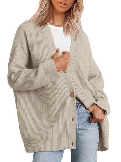 Women’s Cardigan – Oversized Fit – Ribbed Knit – Striped Button Front V-Neck