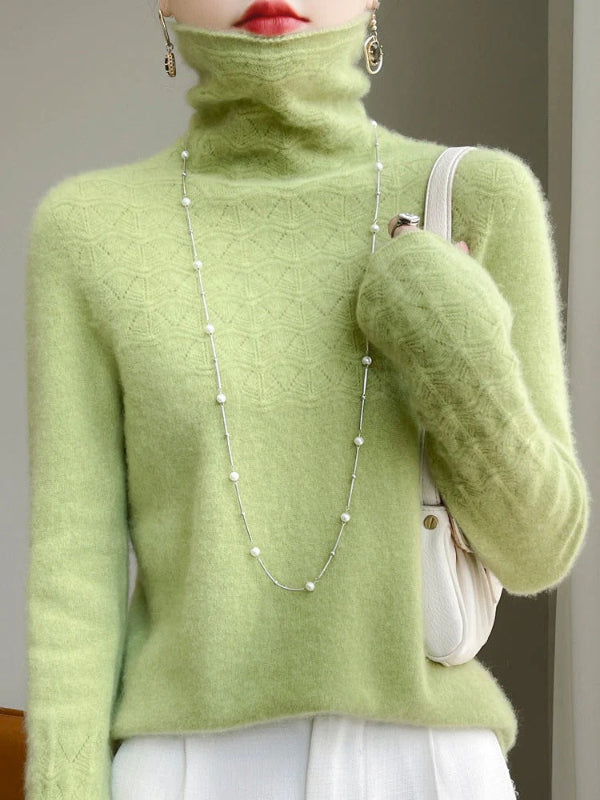 Women’s Turtleneck Sweater – Slim Fit – Wool Blend – Hollow Knit – Full Length Sleeves
