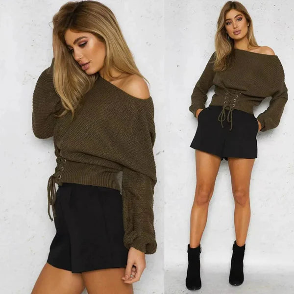 Women’s Knitted Sweater – Off Shoulder – Tie Waist – Relaxed Fit – Long Sleeve Casual