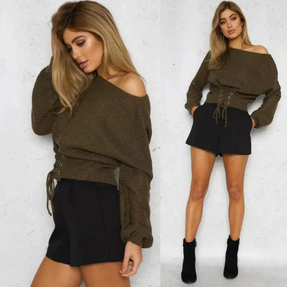 Women’s Knitted Sweater – Off Shoulder – Tie Waist – Relaxed Fit – Long Sleeve Casual