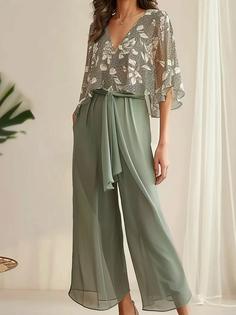 Women’s Two-Piece Set – V-Neck Top with Loose Sleeves – Wide-Leg Trousers with Tie Waist