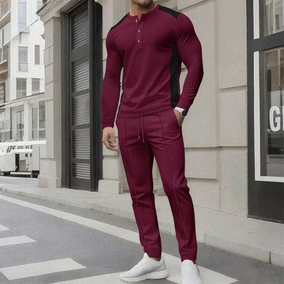 Men’s Two-Piece Set – Slim Fit Henley Shirt and Pants – Waffle Knit – Long Sleeve