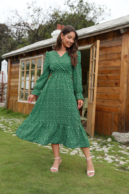 Women’s Midi Dress – V-Neck – Long Sleeve – Flared Fit – Cotton – Polka Dot
