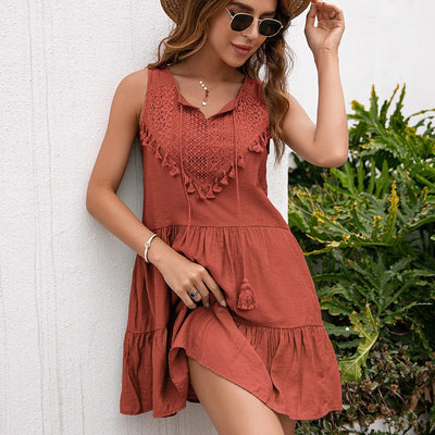 Women’s Mini Dress – Relaxed A-Line Fit – Lace Bodice – Sleeveless Tassel Neckline
