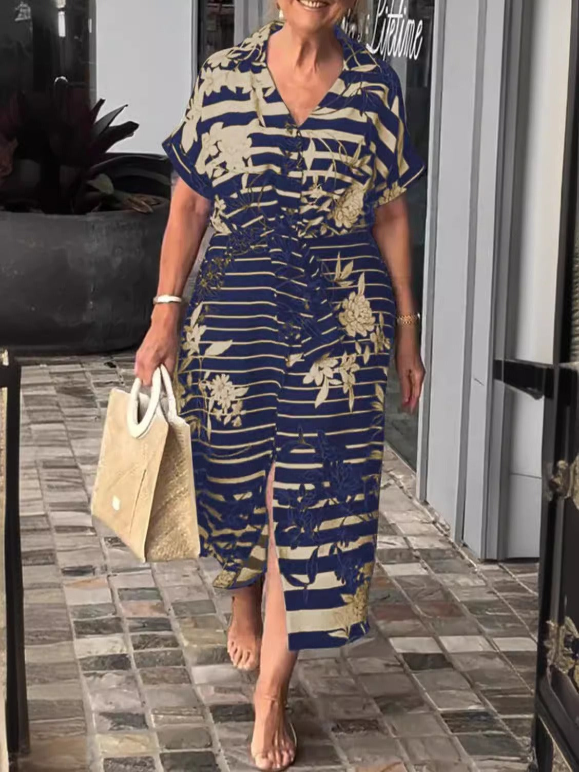 Women’s Shirt Dress – Relaxed Fit – Belted Waist – Plant Print – Side Slit – Midi Length