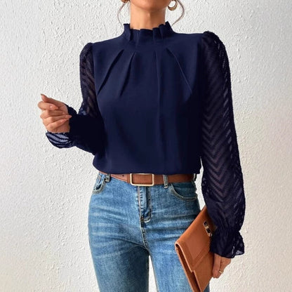 Women’s Long Sleeve Top – Sheer Textured Sleeves – High Neck – Relaxed Fit