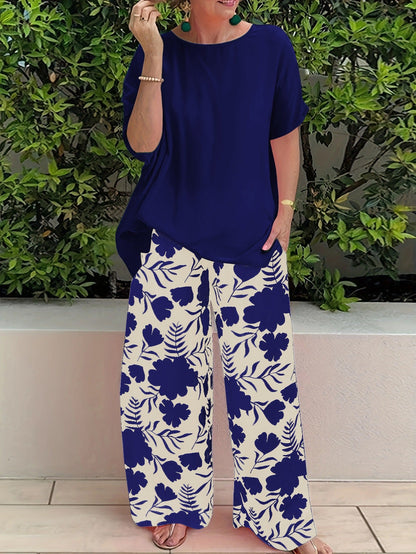 Women’s Pants Set – Relaxed Fit Top – Wide Leg Pants – Floral Print