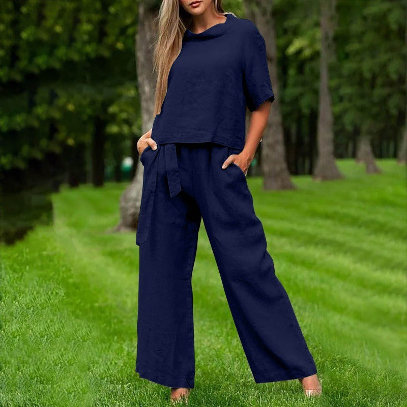 Women’s Two-Piece Set – Relaxed Fit – Short Sleeve Top – Wide-Leg Trousers – Cotton