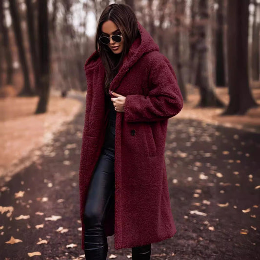 Women’s Wool Coat – Oversized Fit – Full Length – Hooded with Button Fastening