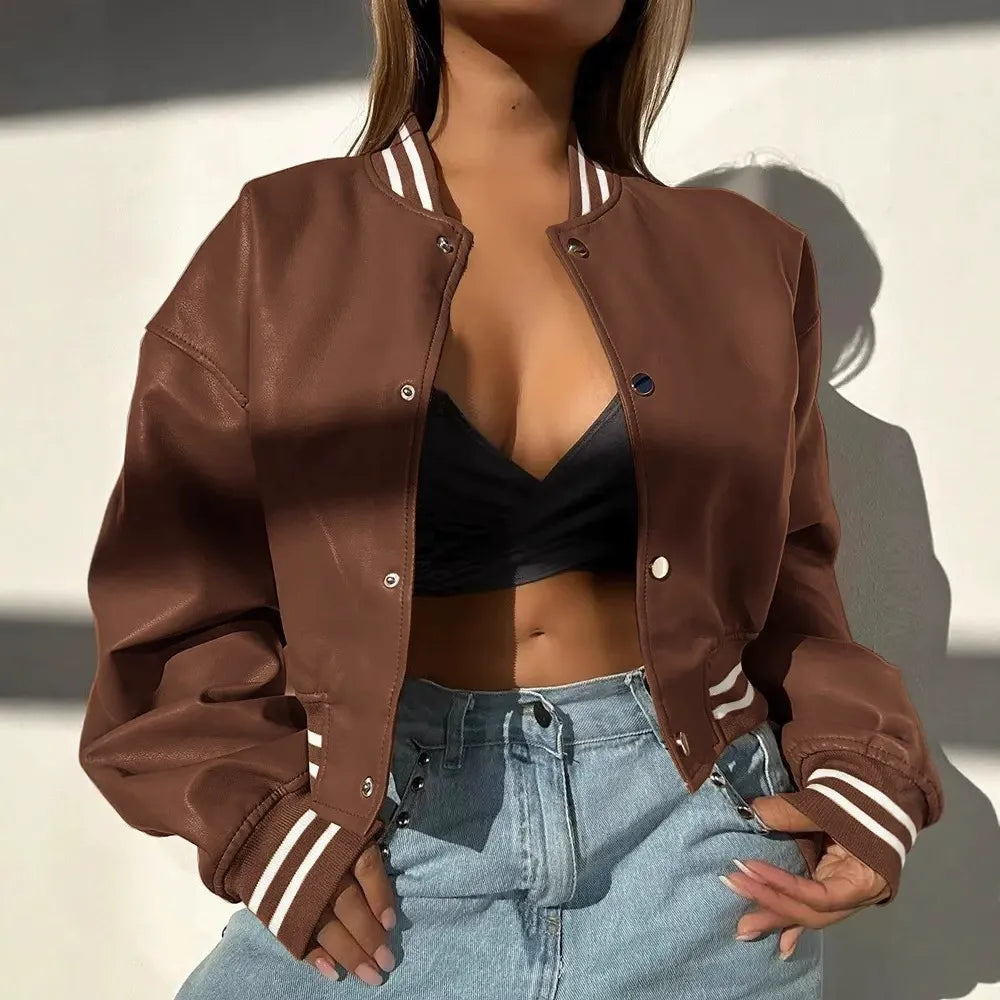 Women’s Leather Jacket – Cropped Structured Fit – Snap Front – Ribbed Hem and Cuffs