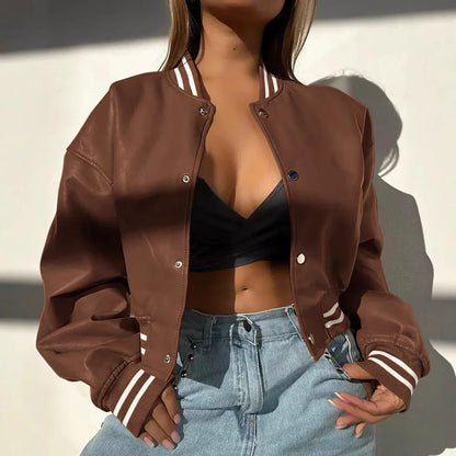 Women’s Leather Jacket – Cropped Structured Fit – Snap Front – Ribbed Hem and Cuffs