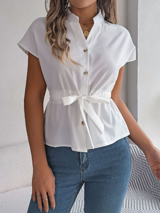 Women’s Blouse – Relaxed Fit – Short Sleeve – V-Neck – Button Front – Waist Tie