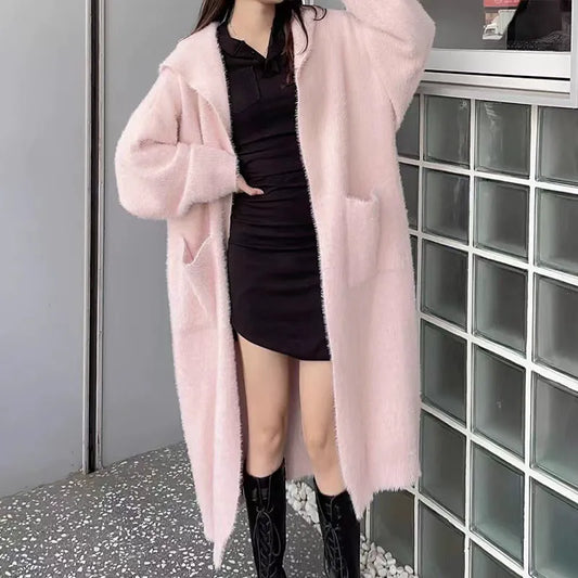 Women’s Knitted Cardigan – Soft Fleece – Long Oversized Fit – Hooded Open Front