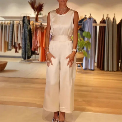 Women’s Jumpsuit – Satin – Relaxed Fit – Sleeveless – Draped Neck – Full Length