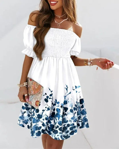 Women’s Midi Dress – One-Shoulder Smocked Bodice – Printed A-Line – Puffed Sleeves