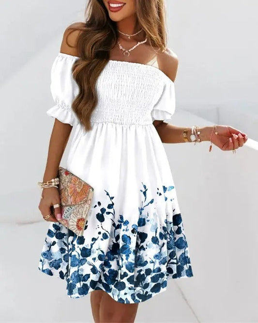 Women’s Midi Dress – One-Shoulder Smocked Bodice – Printed A-Line – Puffed Sleeves