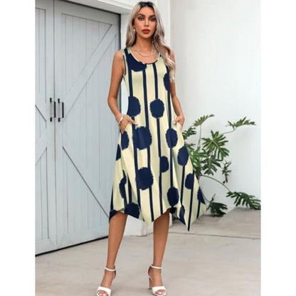 Women’s Midi Dress – A-Line Fit – Cotton Blend – Sleeveless Abstract Print – Asymmetrical Hem