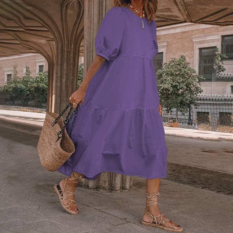 Women’s Midi Dress – Cotton Blend – A-Line Fit – Scoop Neck – Puff Sleeves – Tiered Skirt