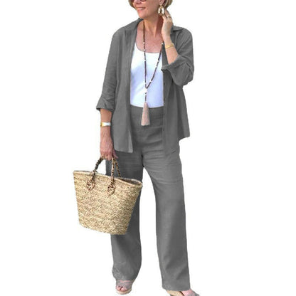 Women’s Two-Piece Set – Linen Blend – Relaxed Fit – Open Shirt & Wide-Leg Trousers