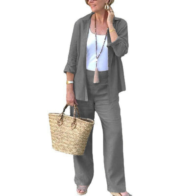 Women’s Two-Piece Set – Linen Blend – Relaxed Fit – Open Shirt & Wide-Leg Trousers