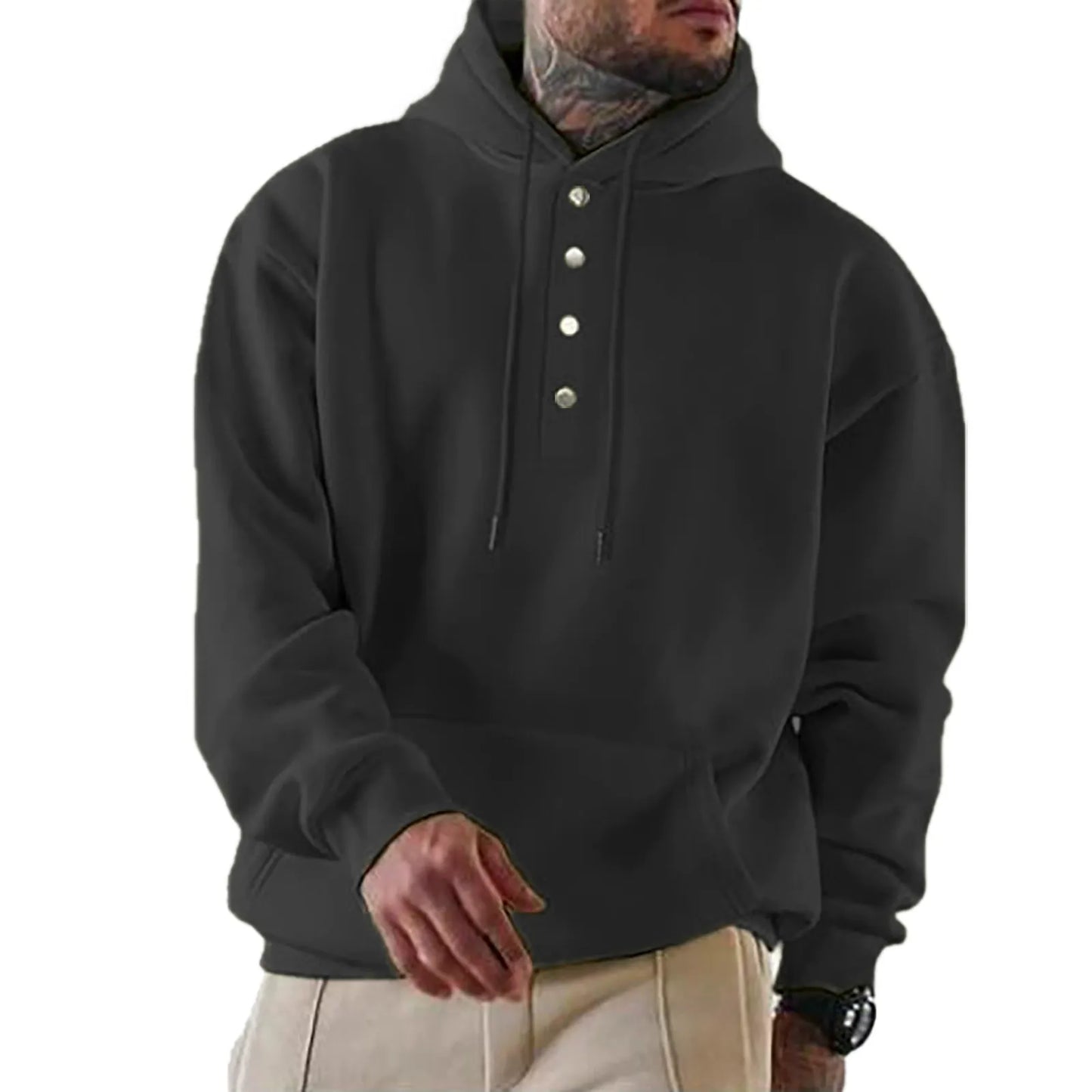 Men’s Hooded Sweatshirt – Loose Fit – Fleece Feel – Snap Button Front – Casual Style