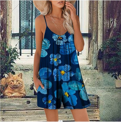 Women’s Romper – Loose Fit – Scoop Neck – Spaghetti Strap – Floral Print – With Pockets