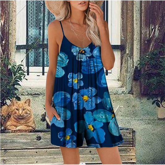 Women’s Romper – Loose Fit – Scoop Neck – Spaghetti Strap – Floral Print – With Pockets