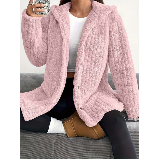 Women’s Coat – Oversized Fit – Plush Ribbed Texture – Hooded – Button Front Casual Layer