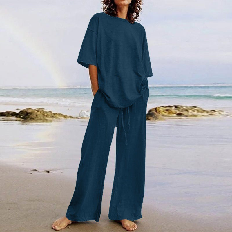 Women’s Two-Piece Set – Relaxed Fit Cotton Blend – O-Neck Top – Wide-Leg Trousers with Pockets
