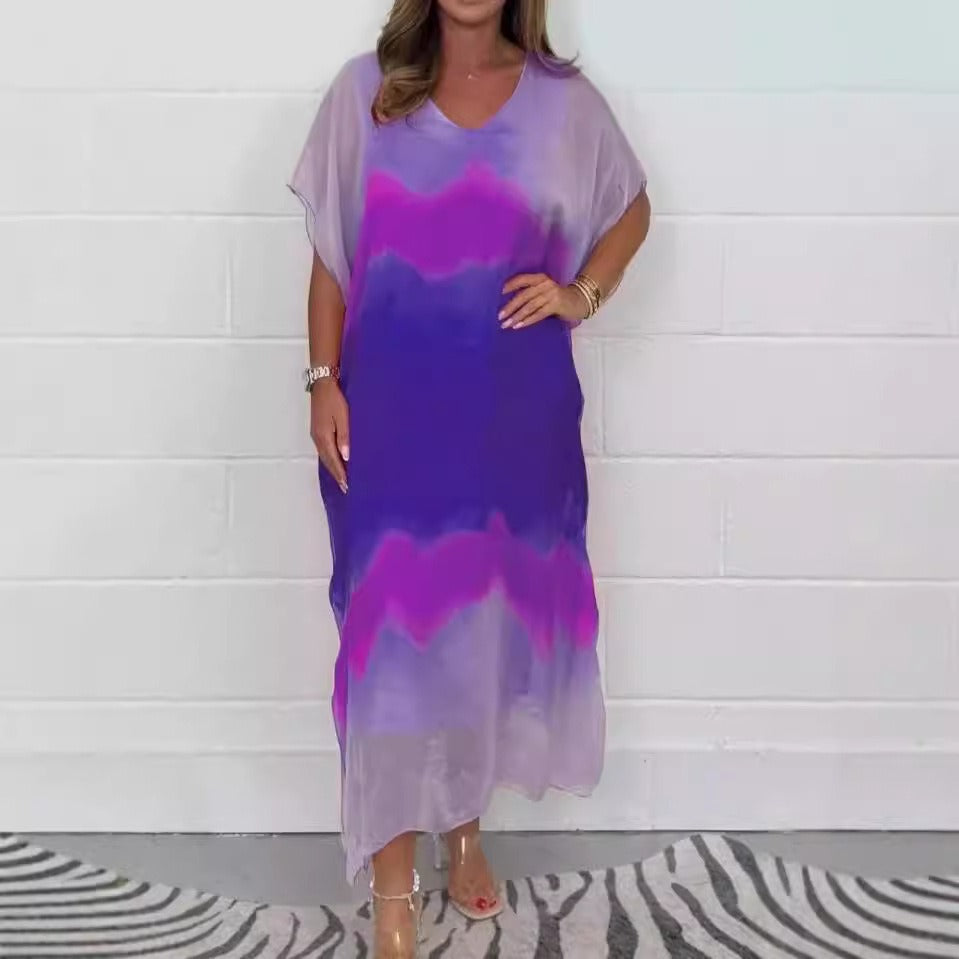 Women’s Maxi Dress – Chiffon – V-Neck – Ombre Gradient – Short Sleeve – Relaxed Fit