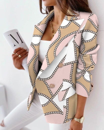 Women’s Double-Breasted Blazer – Tailored Fit – Statement Print – Hip Length – Structured
