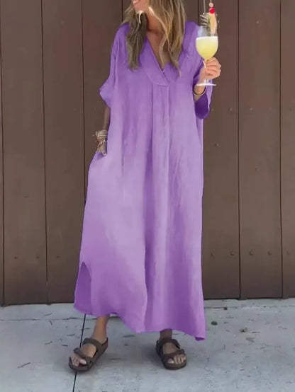 Women’s Maxi Dress – Cotton Feel – Loose Fit – V-Neck – Short Sleeve – Minimal Style