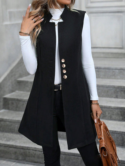 Women’s Sleeveless Vest – Tailored Fit – Wool Blend – High Collar – Button Front