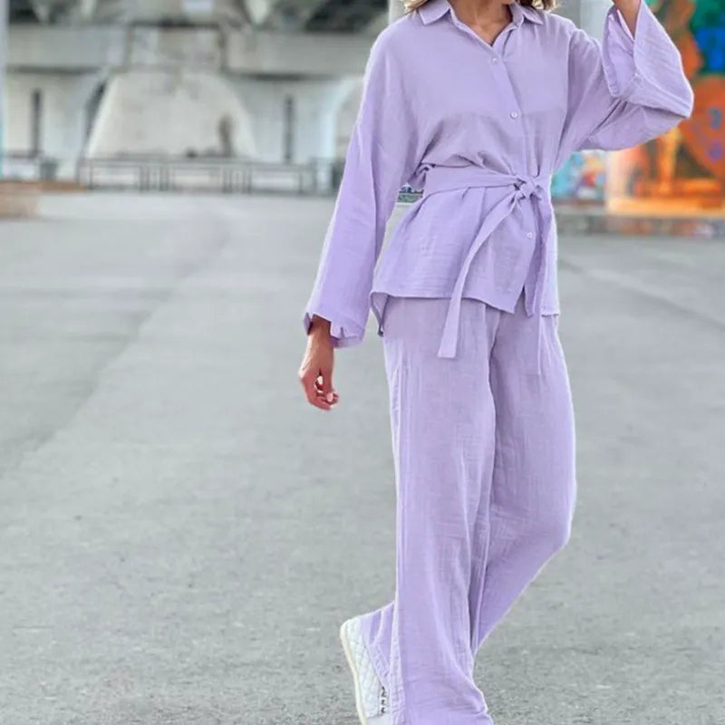 Women’s Lounge Set – Gauze Fabric – Oversized Fit – Button-Down Top – Wide-Leg Trousers
