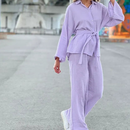 Women’s Lounge Set – Gauze Fabric – Oversized Fit – Button-Down Top – Wide-Leg Trousers