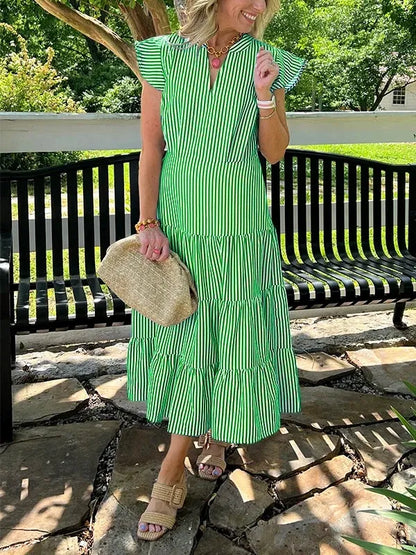 Women’s Midi Dress – Relaxed Fit – Striped – V-Neck – Cotton – Tiered Skirt – Ruffle Sleeves