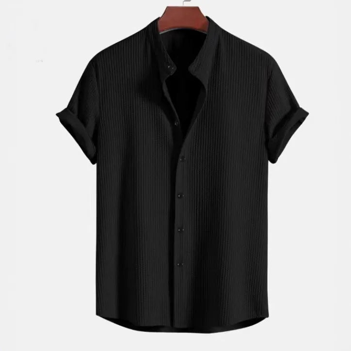 Men’s Short Sleeve Shirt – Cotton Jacquard – Regular Fit – Band Collar Casual Wear