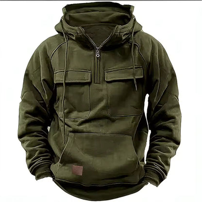 Men’s Hooded Jacket – Relaxed Fit – Leather – Flap Pockets – Zip Front