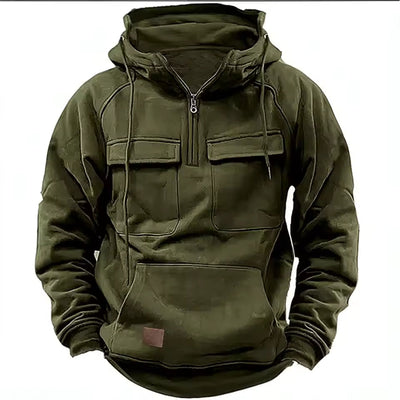 Men’s Hooded Jacket – Relaxed Fit – Leather – Flap Pockets – Zip Front