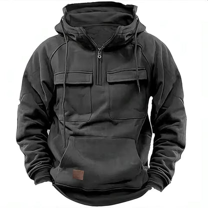 Men’s Hooded Jacket – Relaxed Fit – Leather – Flap Pockets – Zip Front