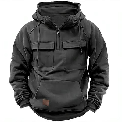 Men’s Hooded Jacket – Relaxed Fit – Leather – Flap Pockets – Zip Front