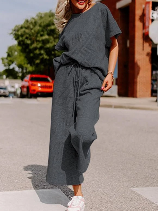 Women’s Two-Piece Set – Soft Knit – Relaxed Fit – Short Sleeve Top and Wide-Leg Trousers