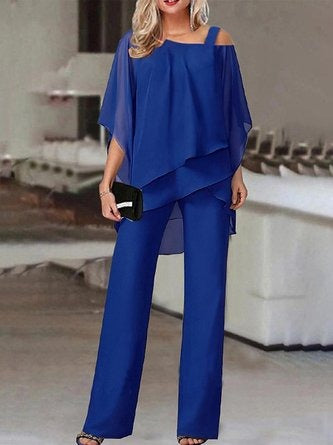 Women’s Two Piece Set – Off Shoulder Top with Asymmetrical Hem – Breathable Blend Pants