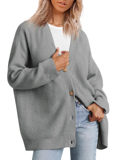 Women’s Cardigan – Oversized Fit – Ribbed Knit – Striped Button Front V-Neck