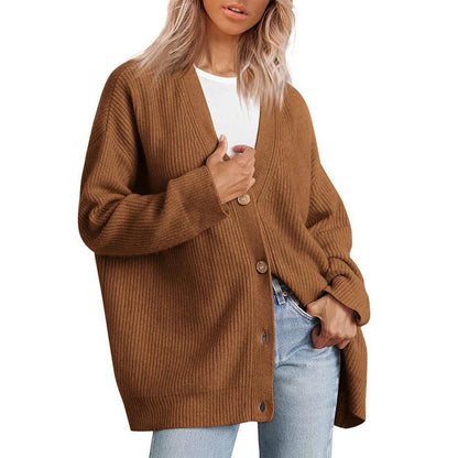 Women’s Cardigan – Oversized Fit – Ribbed Knit – Striped Button Front V-Neck