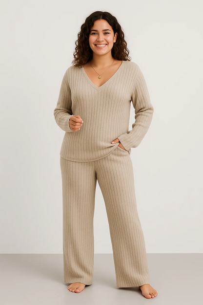 Women’s Lounge Set – Ribbed Knit – Relaxed Fit – V-Neck Top – Wide-Leg Trousers